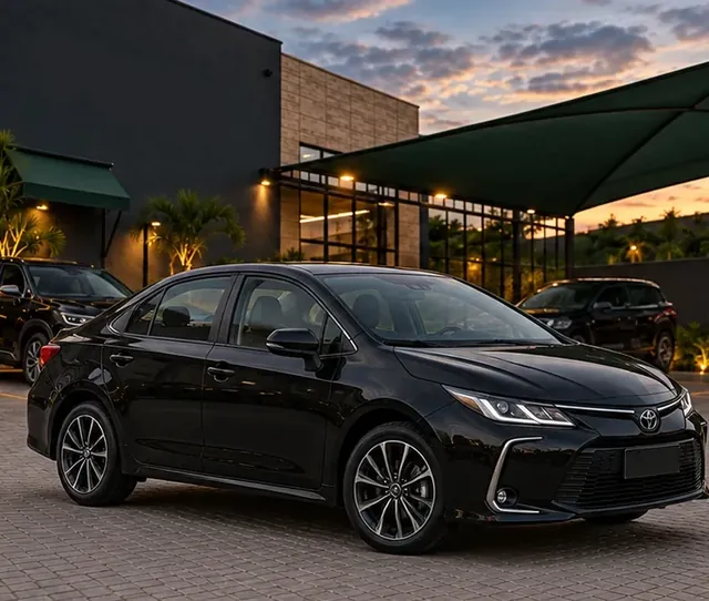 Toyota Corolla preto estacionado diante de uma fachada, ao entardecer.