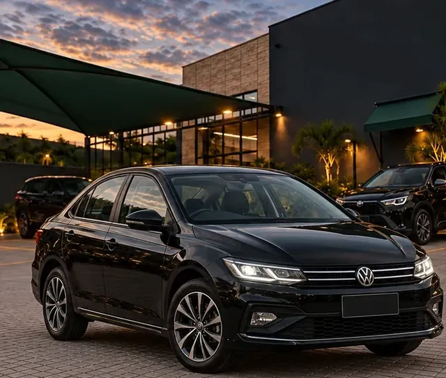 Volkswagen Virtus preto estacionado diante de uma fachada, ao entardecer.