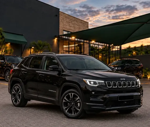 Jeep Compass preto estacionado diante de uma fachada, ao entardecer.