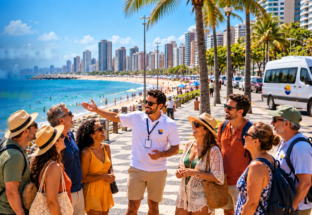 Guia da Receptivo Tur conversa com um grupo de turistas no calçadão da Beira-Mar de Fortaleza, com uma van ao fundo.